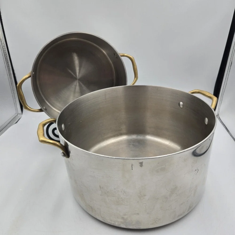 Set of 2 Vtg Atlas Metal Spinning Stainless Steel Stock Pots Brass Handle No Lid